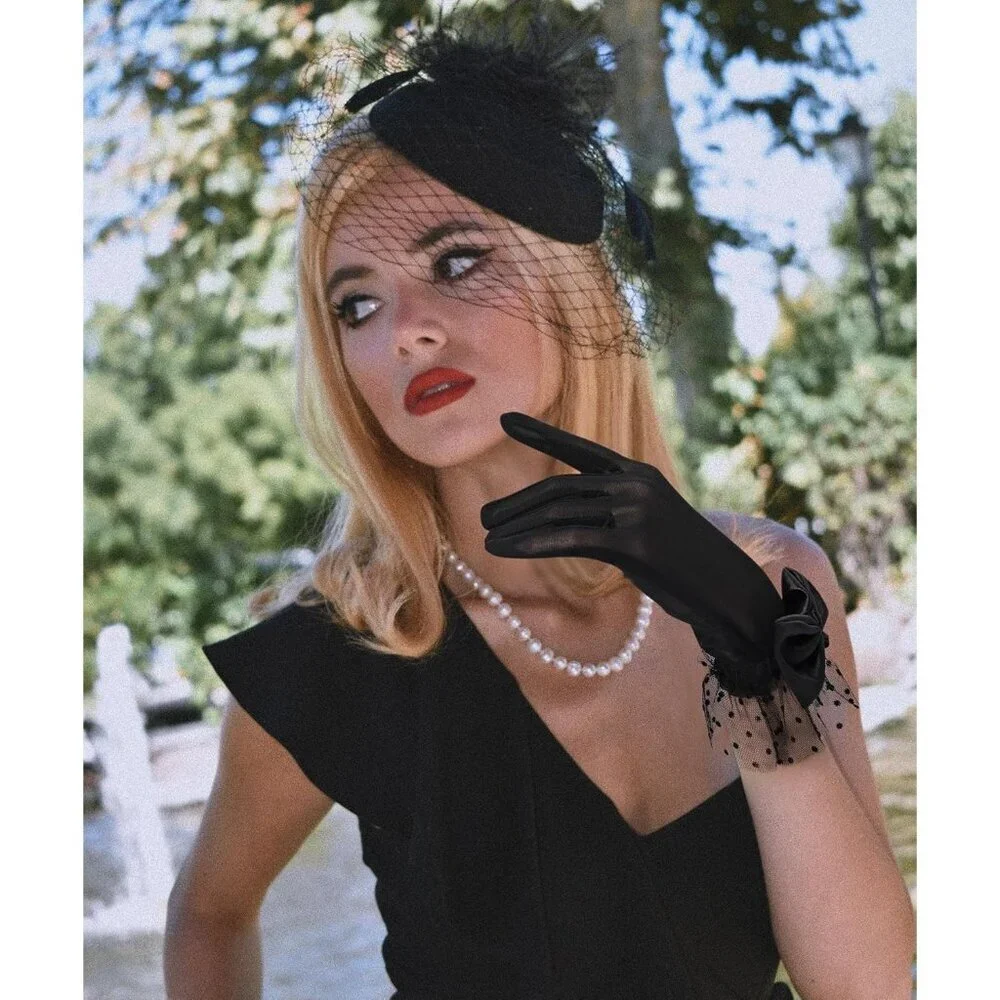 Women's Bow Lace Short Gloves Black Princess Wedding Evening Party Accessories